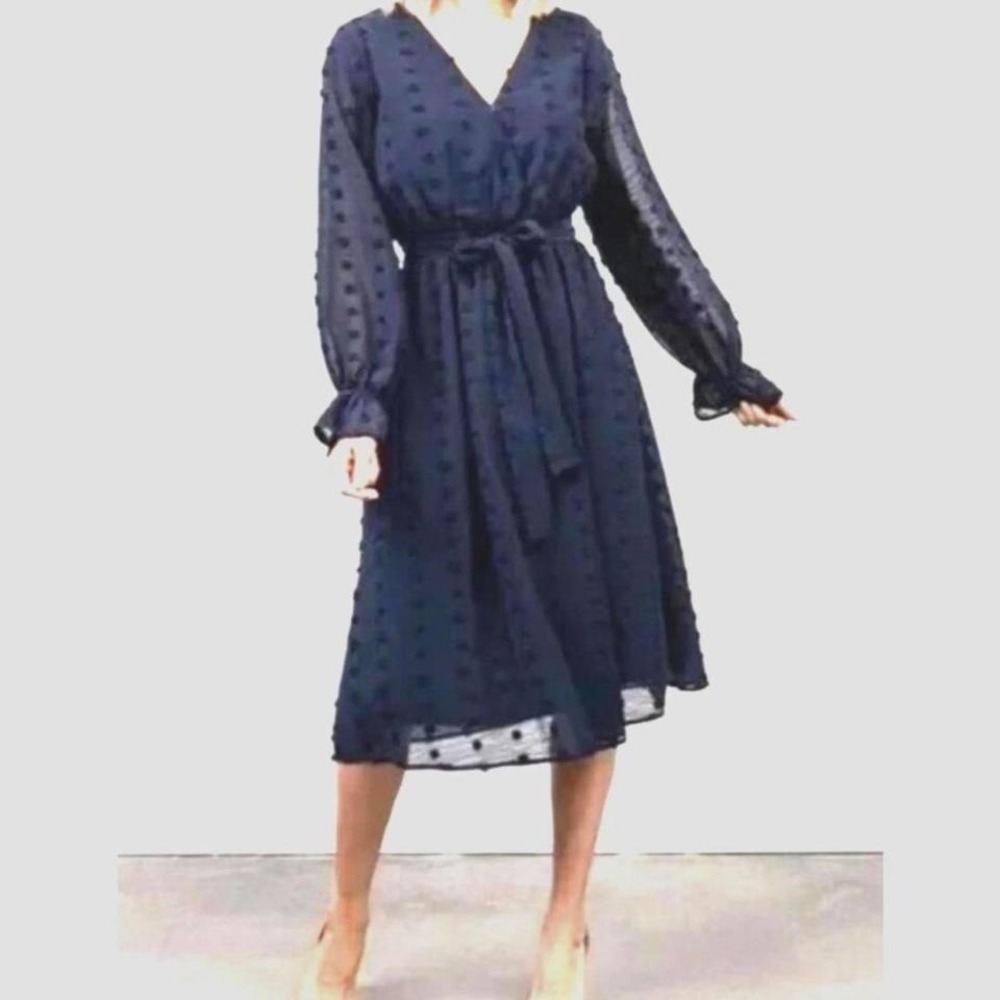 Baltic Born Navy Blue Swiss Dot Midi Dress Long Sleeve V-Neck Wrap XL PSD2148-FL